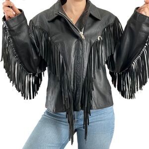 Vintage 80s Leather Jacket Motorcycle Biker Punk Rocker Fringe Black Size Medium